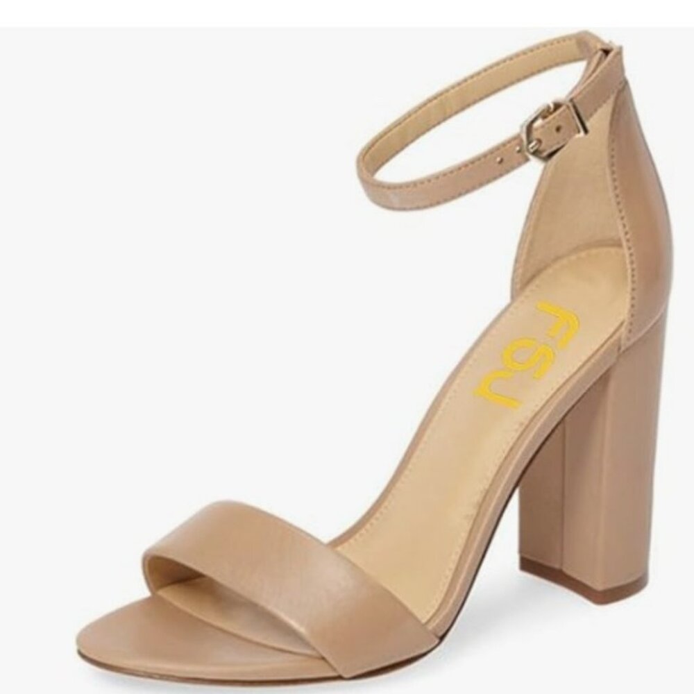 FSJ Tan Chunky High Heel Sandals Open Toe Ankle Strap Single Band Shoe